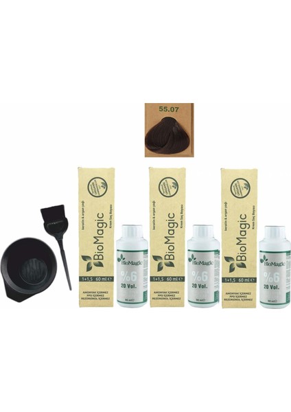 Biomagic Amonyaksız Organik Keratin+Argan Yağlı Saç Boyası 55.07 Yoğun Çikolata Kahve 60 ml x 3 + Oksidan 90 ml  +Boyama Seti