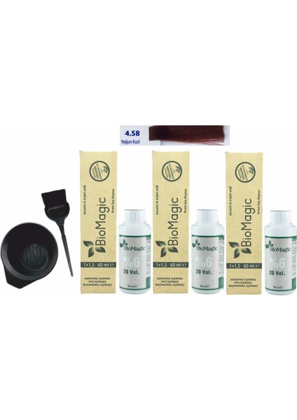 Biomagic Amonyaksız Organik Keratin+Argan Yağlı Saç Boyası 4.58 Yoğun Kızıl  60 ml x 3 +90 ml Oksidan+Boyama Seti