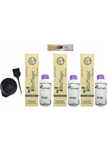 Biomagic Amonyaksız Organik Keratin+Argan Yağlı Saç Boyası 8.03 Açık Karamel 60 ml x 3 +90 ml Oksidan+Boyama Seti