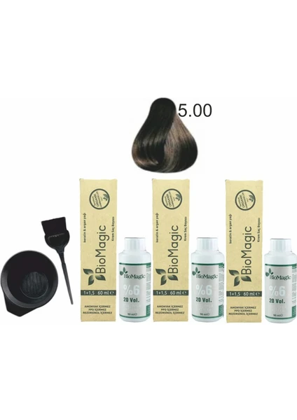 Biomagic Amonyaksız Organik Keratin+Argan Yağlı Saç Boyası 5.00 Açık Kahve 60 ml x 3 +90 ml Oksidan+Boyama Seti