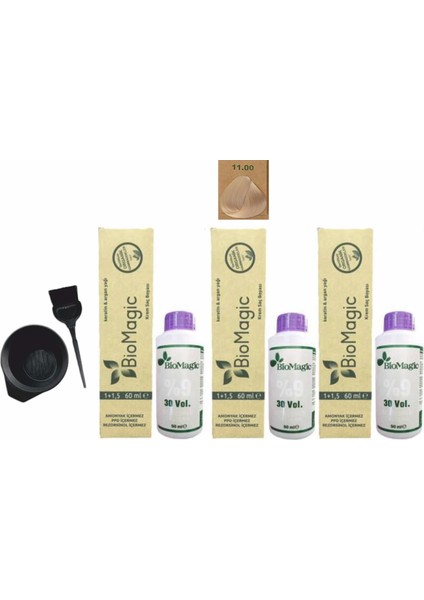 Amonyaksız Organik Keratin+Argan Yağlı Saç Boyası 11.00 Fildişi Sarısı 60 ml x 3 +Oksidan 90 ml +Boyama Seti