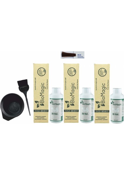 Amonyaksız Organik Keratin+Argan Yağlı Saç Boyası 66.33 Koyu Kumral Dore 60 ml x 3 +90 ml Oksidan+Boyama Seti