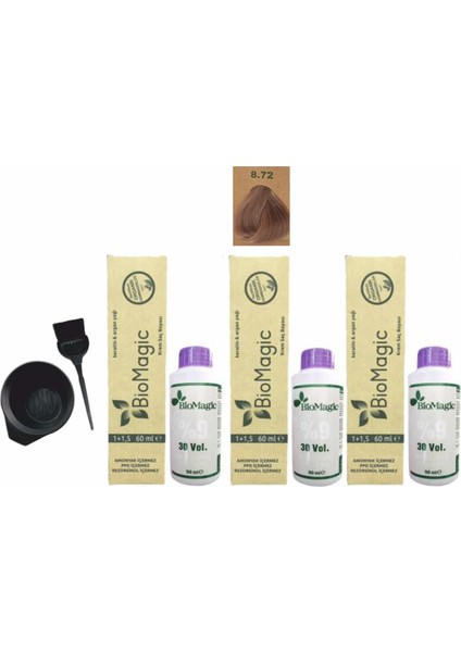 Amonyaksız Organik Keratin+Argan Yağlı Saç Boyası 8.72 Açık Küllü Kumral 60 ml x 3 +90 ml Oksidan+Boyama Seti