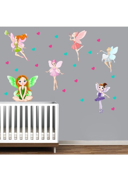 Kt Decoration Periler ve Rengarenk Kalpler Dev Kız Çocuk Odası Duvar Sticker