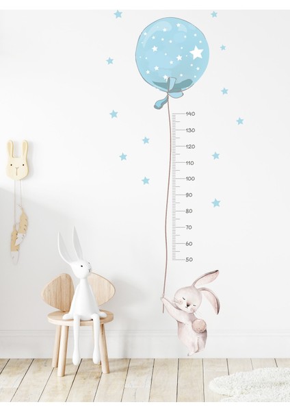 Kt Decoration Mavi Balonlu Tavşan Boy Ölçer Duvar Sticker Seti