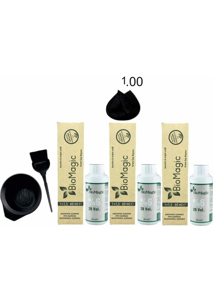 Amonyaksız Keratin+Argan Yağlı Organik Krem Saç Boyası 60 ml 1.00 Siyah x 3 +90 ml Oksidan+ Boyama Seti