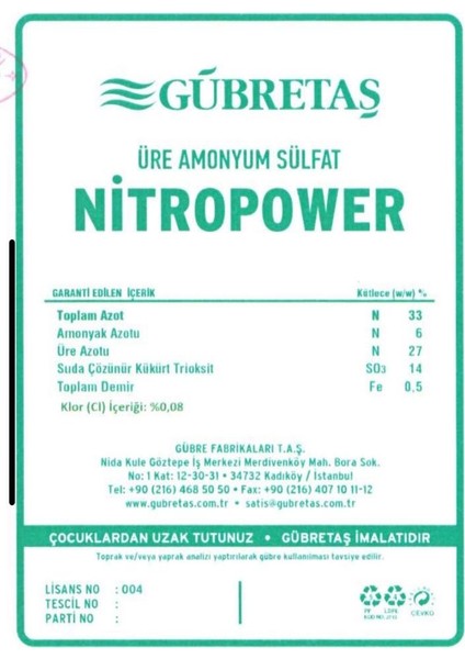 Nitropower Bitki Besini Üre Amonyum Sulfat Demir Suda Çözünür Kükürt %33 Azot Gübresi 50 Kg