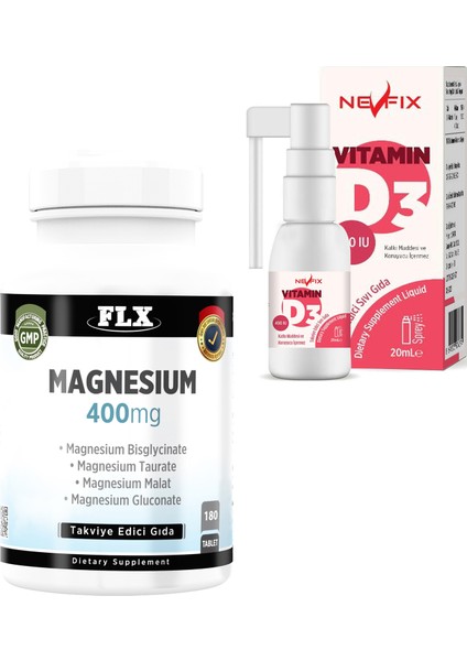 Magnesium Malat Glükonat Taurat Bisglisinat 180 Tablet & Vitamin D3 400'lü 20 ml