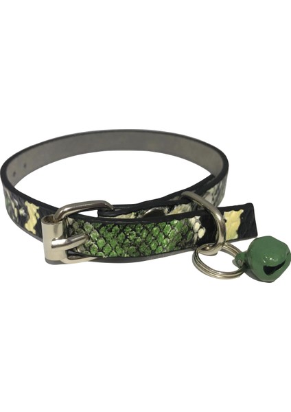 Yeşil Renk Anakonda Desen Derili 1 cm Metal Kilit Tokalı Zilli Kedi Tasması