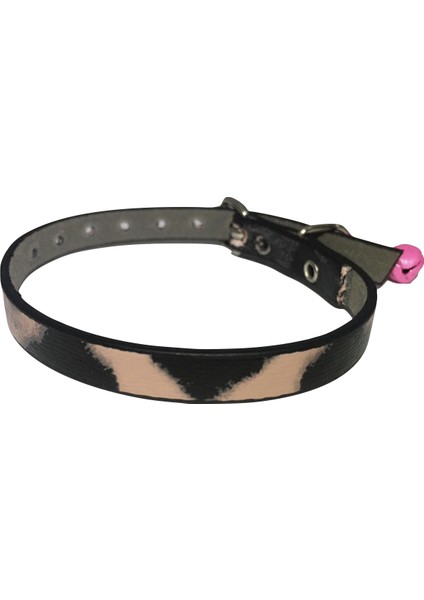 Pembe Alacalı Desen Derili 1 cm Metal Kilit Tokalı Zilli Kedi Tasması
