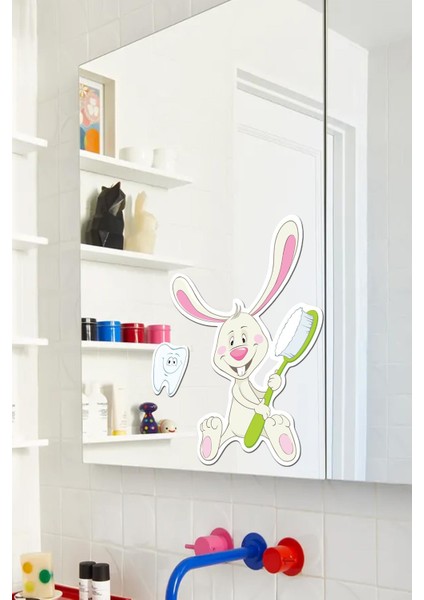 Dişlerini Fırçalayan Tavşan Cam,ayna,duvar Sticker