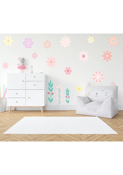 Sevimli Soft, Pastel Çiçekler Çocuk Bebek Odası Duvar Cam Sticker Seti-16 Parça