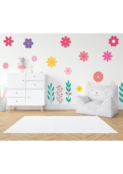 Sevimli Çiçekler Çocuk Bebek Odası Duvar Cam Sticker Seti-16 Parça