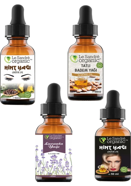 Le Sandre Organics Lavanta Yağı 20 ml + Hint Yağı Soğuk Pres 50 Ml+ Kaş Kirpik Bakımı ve Saç Bakımı 50 ml ve Tatlı Badem Yağı 50 ml