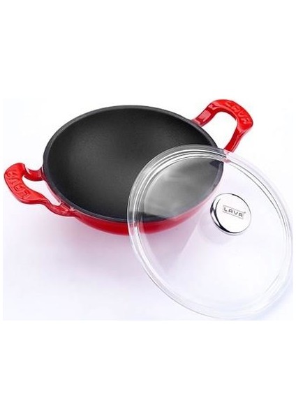 Döküm Metal Kulplu Cam Kapaklı Wok Tava 16 cm Kırmızı fiyatları