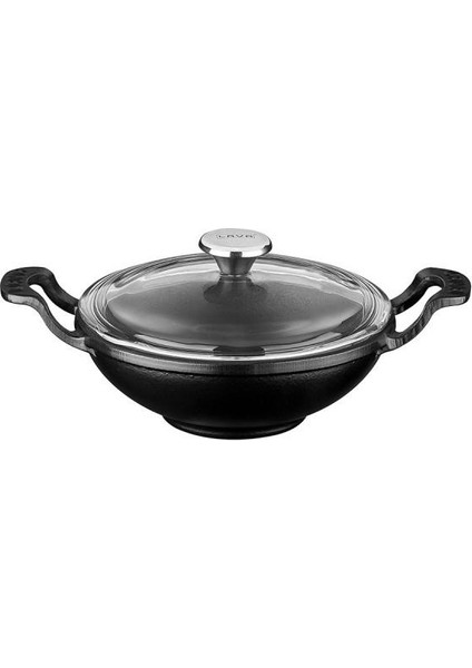 Döküm Metal Kulplu Cam Kapaklı Wok Tava 16 cm Siyah