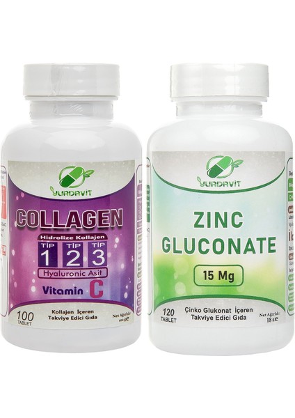 Hidrolize Collagen Type Tip 1-2-3 100 Tb Zinc Gluconate Çinko Glukonat 120 Tablet