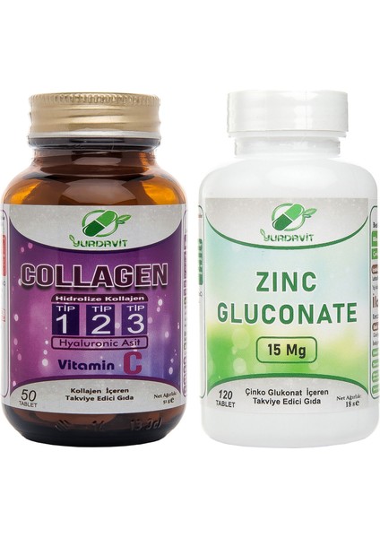Hidrolize Collagen Type Tip 1-2-3 50 Tab Zinc Gluconate Çinko Glukonat 120 Tablet