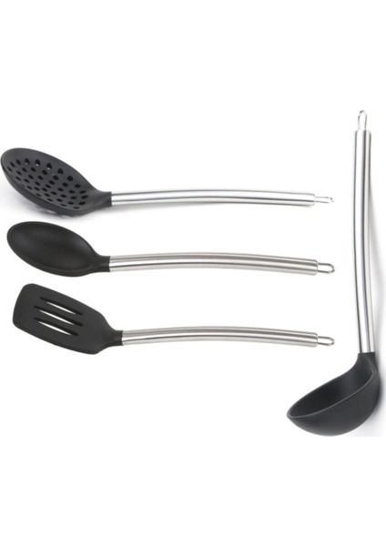 Silikon Servis Seti Çelik Sap 4lü Silikon Kaşık Silikon Kevgir Silikon Spatula Silikon Kepçe