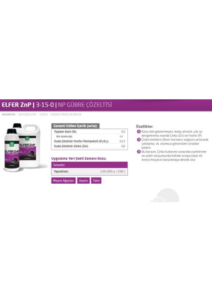 Çinko ve Fosfor Gübresi 3-15-0+6zn (Elfer Znp)1 lt