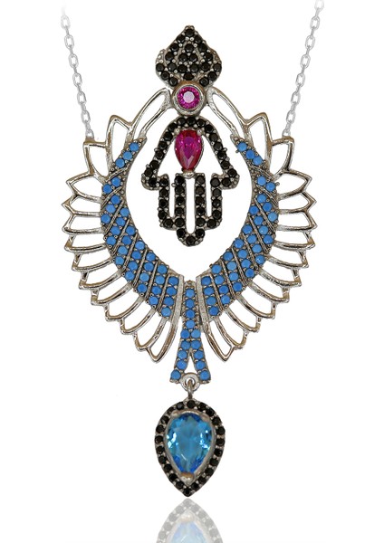 Turkuaz Taşlı Kanatlı Fatma Eli Gümüş Kolye