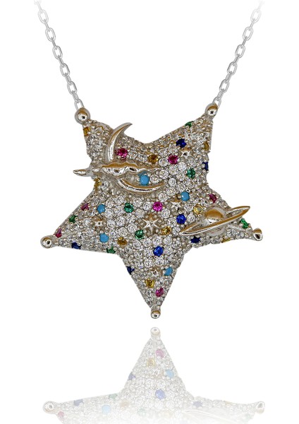 Renkli Taşlı Galaksinin Yıldızı Gümüş Kolye