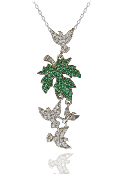 Renkli Taşlı Çınar Yaprağı Kuşlu Gümüş Kolye