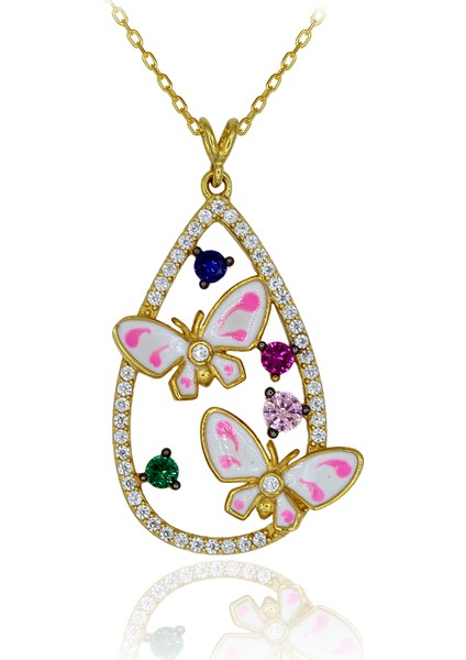 Renkli Taşlı Mineli Kelebek Gümüş Kolye