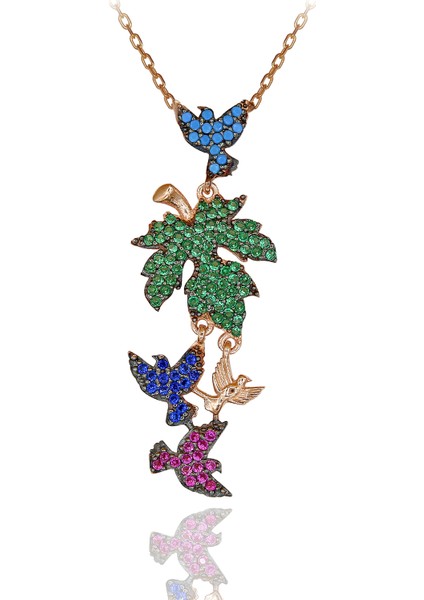 Renkli Taşlı Çınar Yaprağı Kuşlu Gümüş Kolye