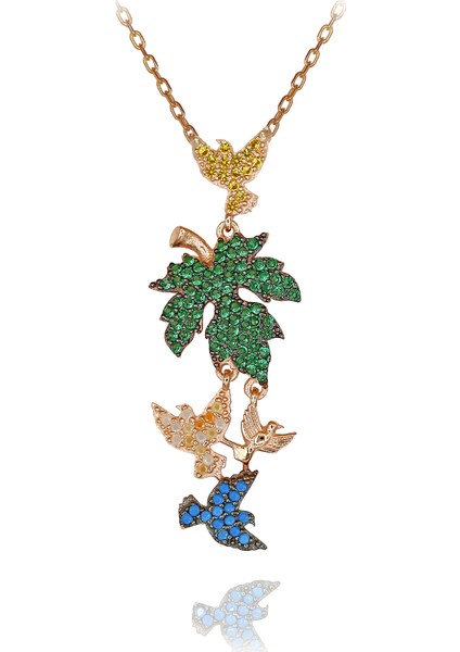 Renkli Taşlı Çınar Yaprağı Kuşlu Gümüş Kolye