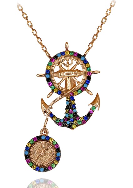 Renkli Taşlı Çapa Dümen Gümüş Kolye