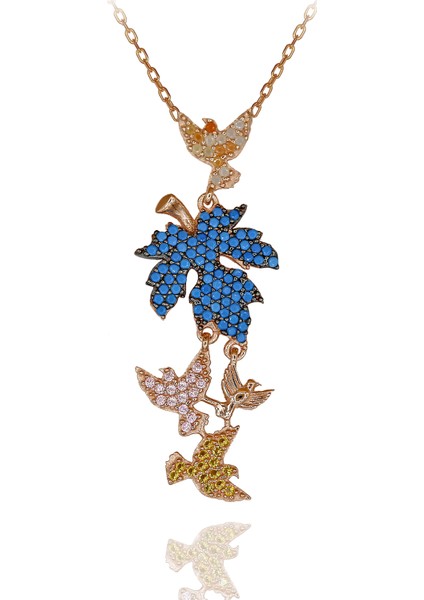 Renkli Taşlı Çınar Yaprağı Kuşlu Gümüş Kolye