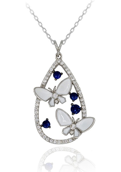 Safir Beyaz Taşlı Mineli Kelebek Gümüş Kolye