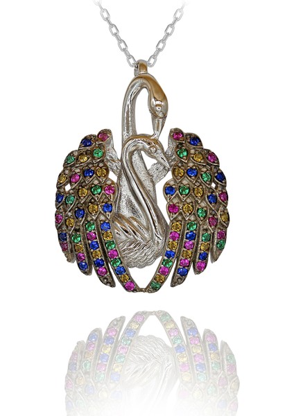 Renkli Taşlı Aşık Kuğu Gümüş Kolye indirimleri