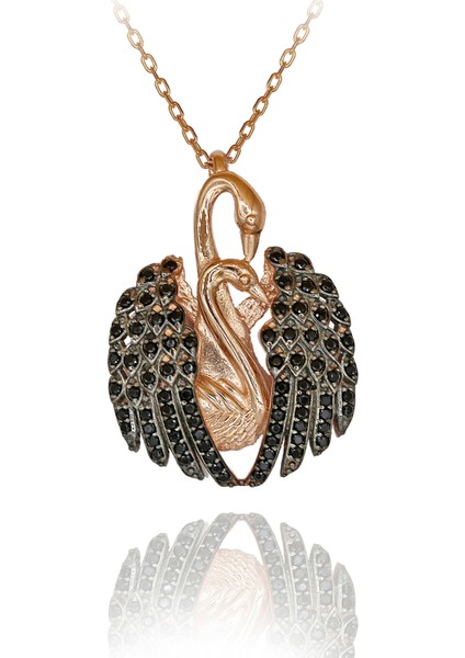 Siyah Taşlı Aşık Kuğu Gümüş Kolye