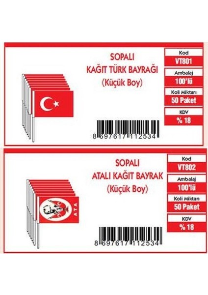 Çıtalı Kağıt Sallama Sopalı Türk Bayrağı 12.5 x 22.5 cm 100'lü