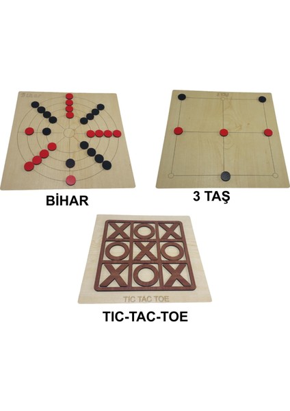 3 In 1 Ahşap Tic-Tac-Toe 3 Taş ve Bihar Akıl Zeka ve Strateji Oyunu