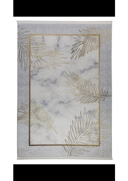 Ipekyün Modern Kaymaz Taban Yıkanabilir Gold Rengi Yaprak Desenli Halı