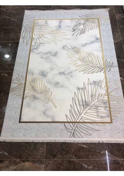 Ipekyün Modern Kaymaz Taban Yıkanabilir Gold Rengi Yaprak Desenli Halı
