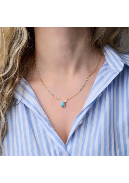 Granada Altın Kolye 14 Ayar Firuze Taşlı Gurmet Zincir 50 cm