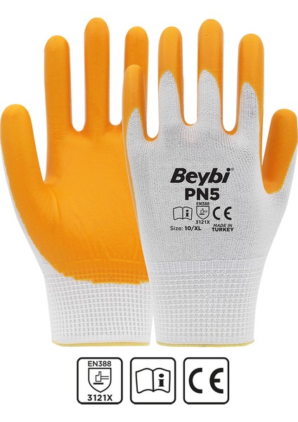 Pn5 Polyester Örme Nitril Eldiven No:10 -Sarı-Beyaz-10'lu