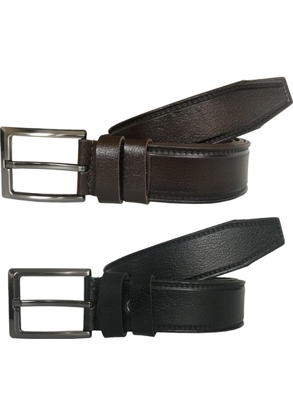 Deri 2'li Süper Set Siyah- Kahverengi Kumaş Kemeri 3.5 cm
