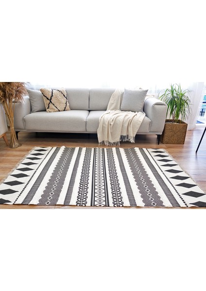 Rustik Black White 4007 Iskandinav Boho Stil Siyah Beyaz Desenli Kilim