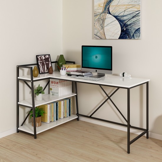 Mordeka Beyaz Kitaplıklı Çalışma Masası Bilgisayar Masası Fiyatı