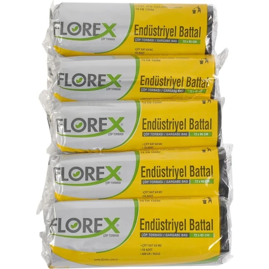 Florex Endüstriyel Battal Siyah Çöp Torbası 72X95 cm 5 Rulo