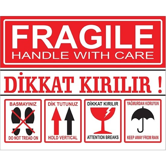 On Roll Paper ''Dikkat Kırılır'' Etiketi 85 x 105 Kuşe Sticker 100'lü 10 Paket
