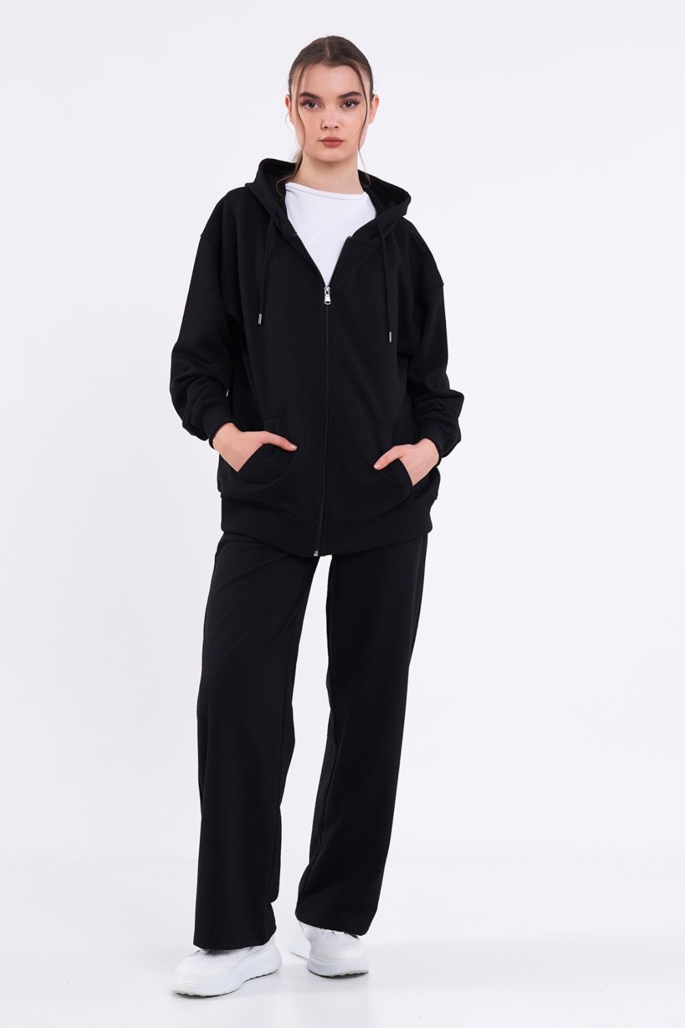 Mmetalic Siyah Kanguru Cepli Kapüşonlu Fermuarlı Oversize Kadın Sweatshirt görsel 4