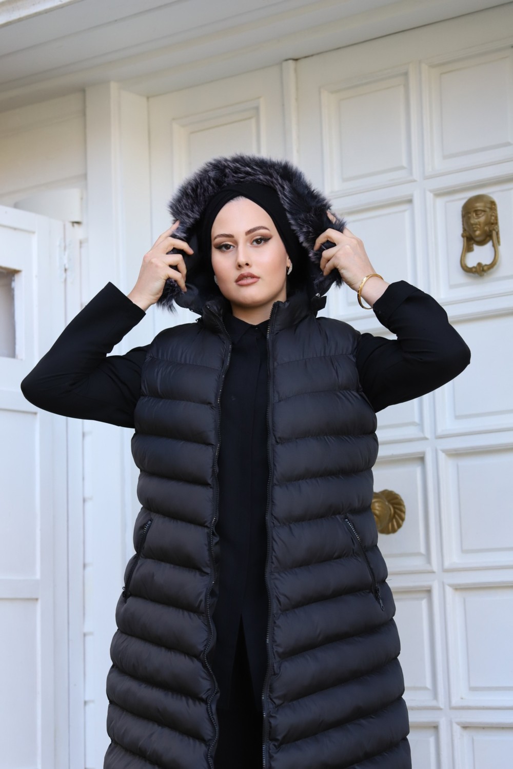 EÇALAMODE Ecalamode Çıkarılabilir Kapüşonlu Büyük Beden Uzun Şişme Yelek görsel 3