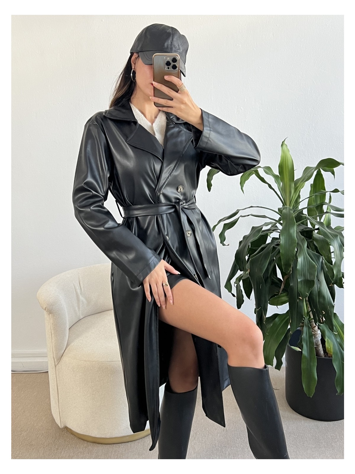 Minaaise Siyah Kruvaze Kapama Deri Trençkot 26069