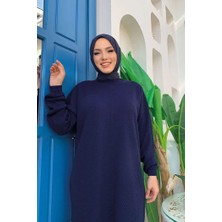 Bym Fashion Kol Manşetleri Lastikli Yarım Boğazlı Triko Tunik 22215 Lacivert